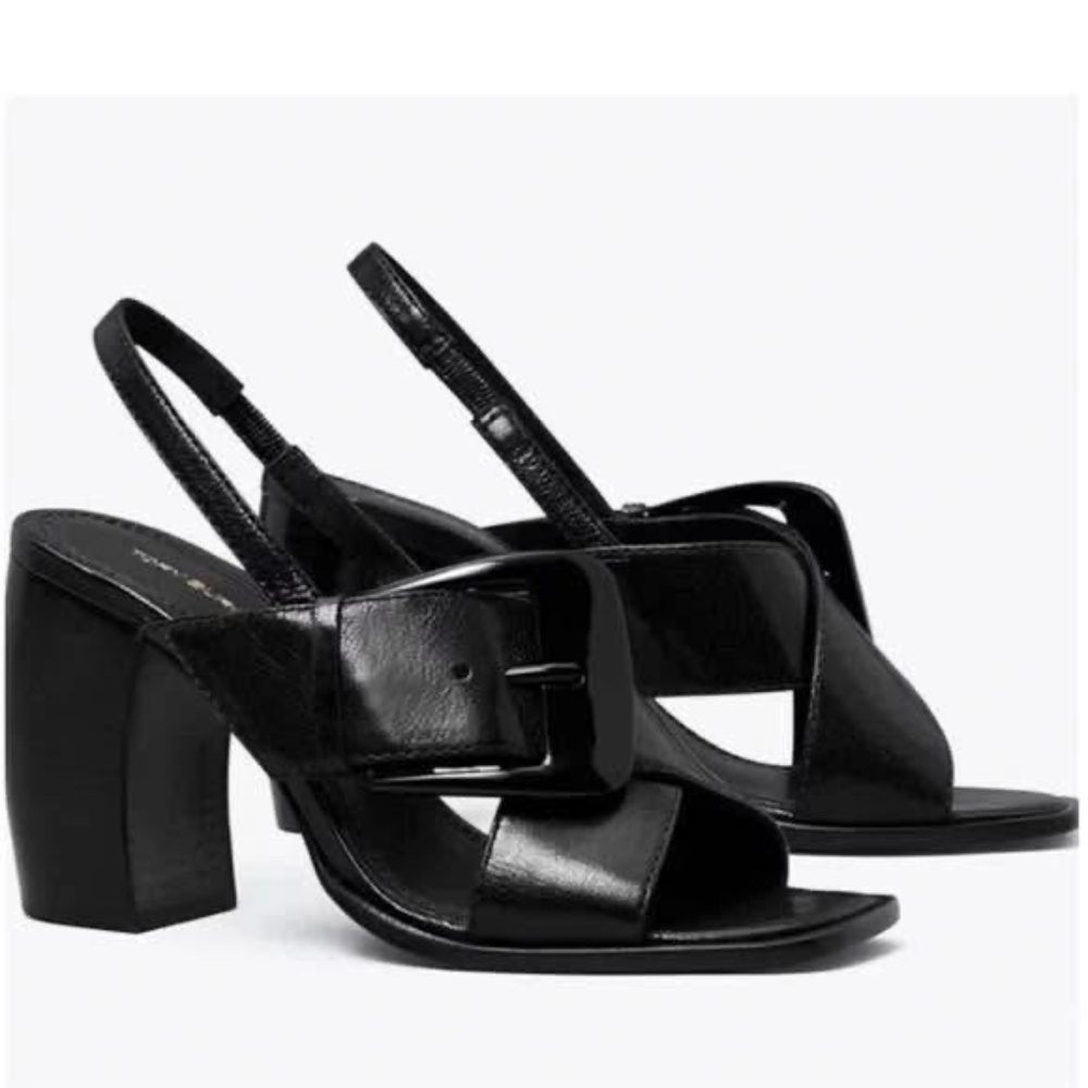 Tory Burch Big Buckle Leather Chunky Heels